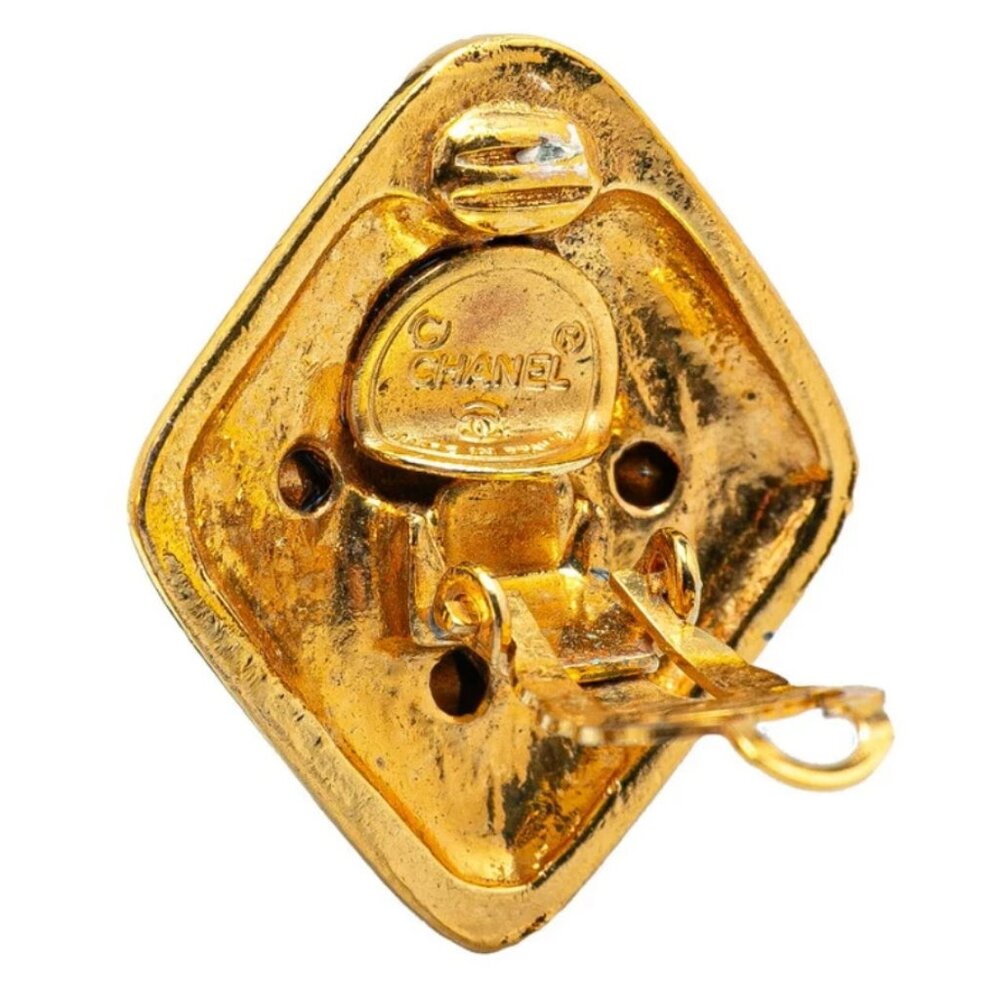CHANEL Rhonestone Rhombus Clip-On Earrings Gold Tone Auth #4764 - Picture 3 of 3